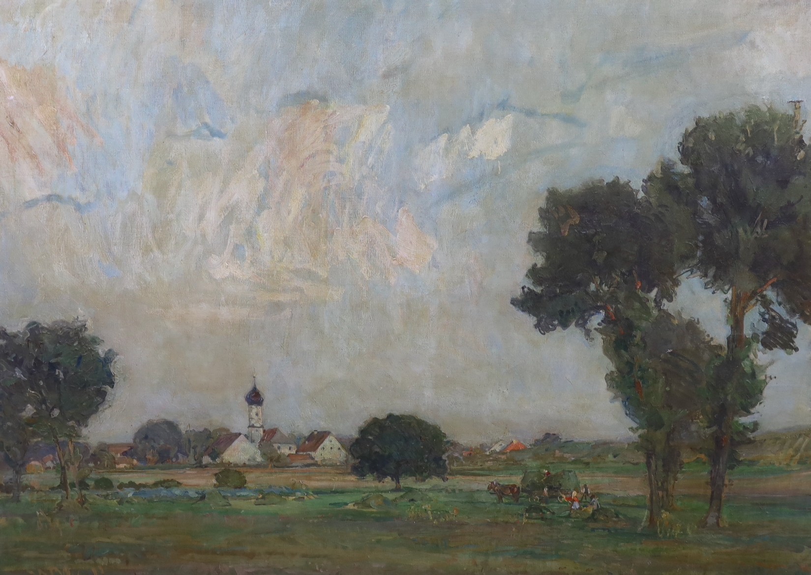 Robert Friedrich Karl Scholtz (German, 1877-1918), Extensive Eastern European landscape with church steeple, oil on canvas, 109 x 146cm